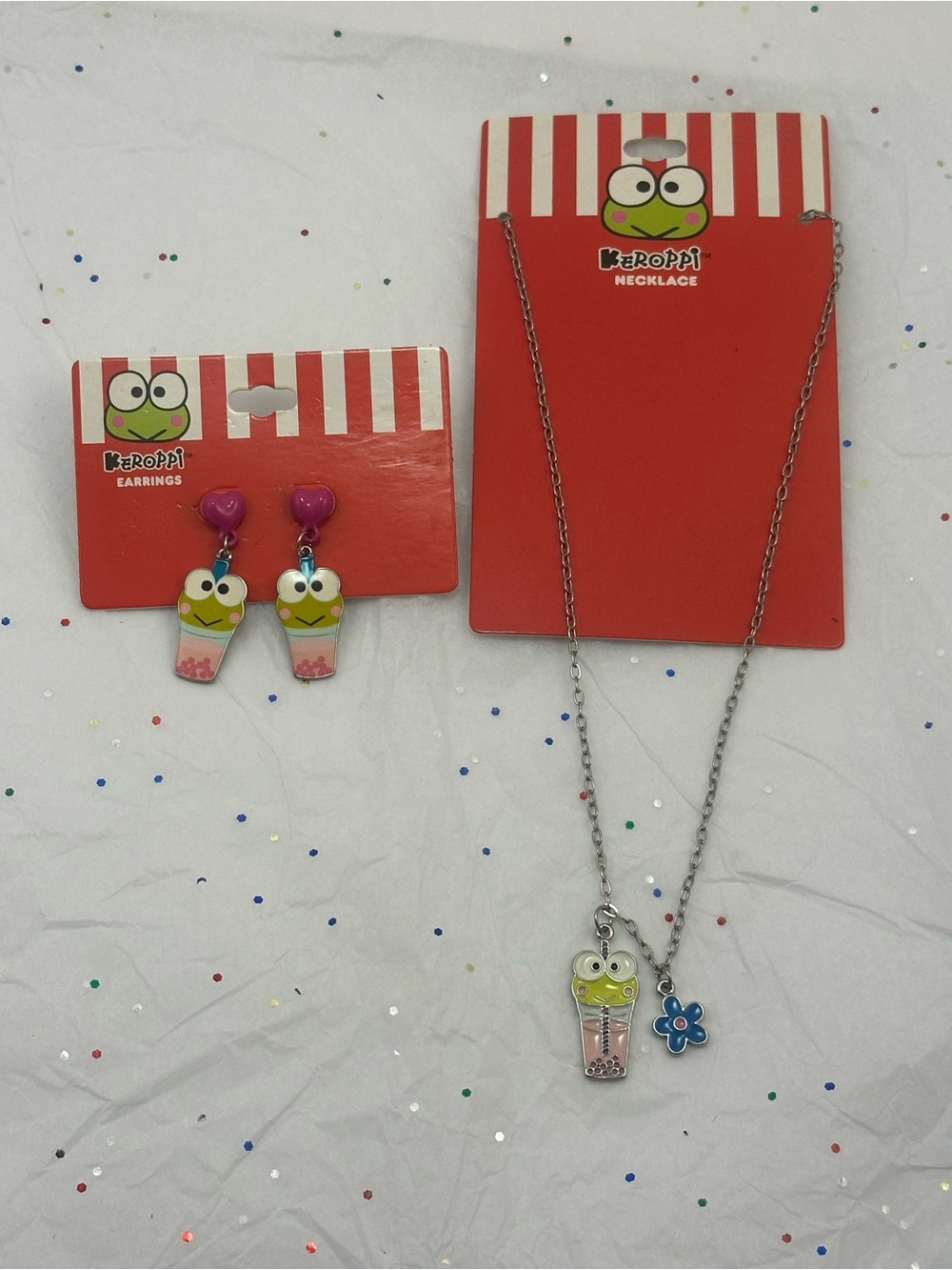 Keroppi Frog Drink Necklace and Earrings Set - NWT